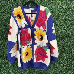 Vtg Jack B Quick Floral Knit Cardigan Size Large  Multicolor Button Front